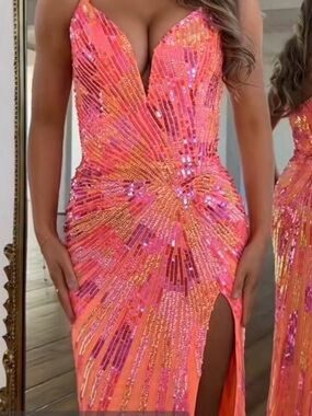 Sparkling Coral-Orange Sequin Prom Dress with Plunge V-Neck